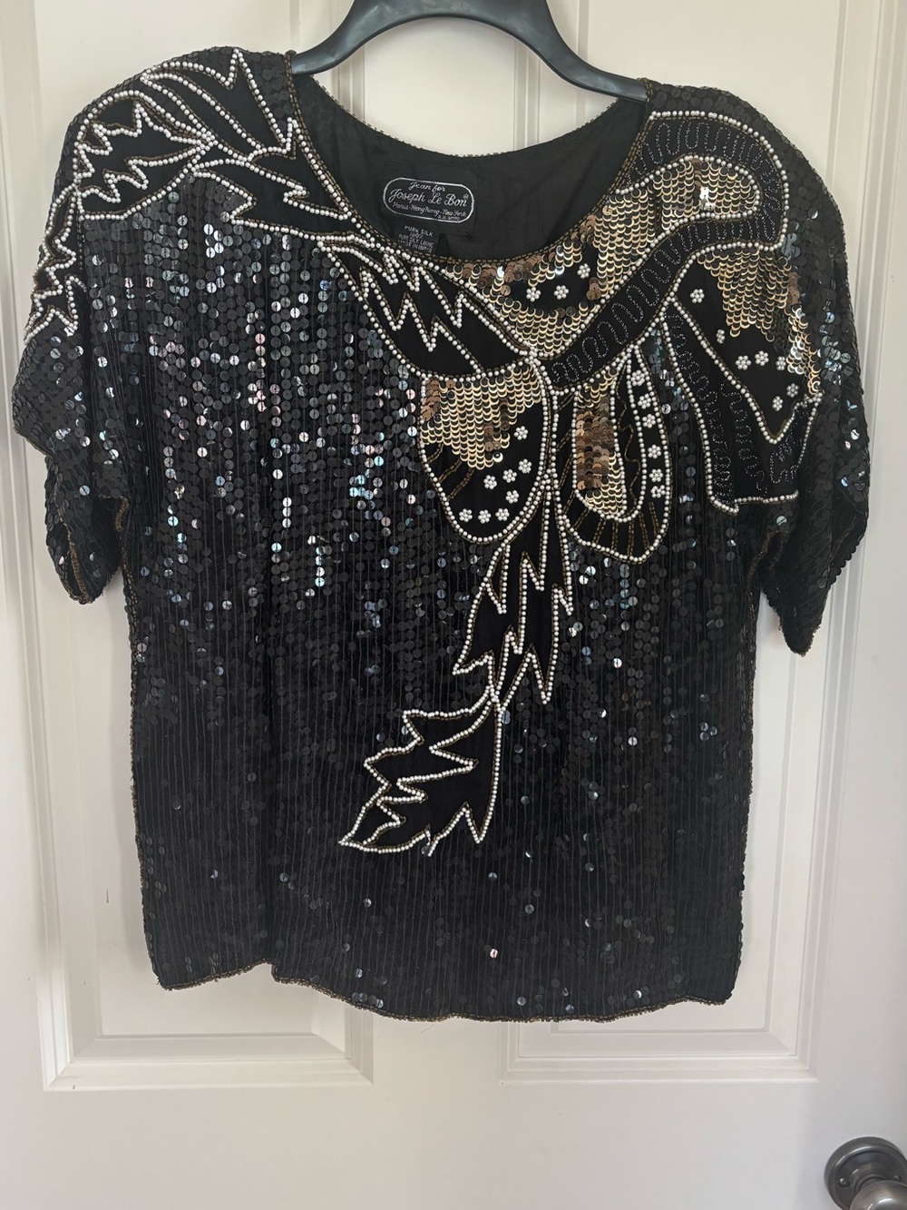 Vintage Joseph Le Bon Silk Sequin Beaded Black Gold Top Petite P